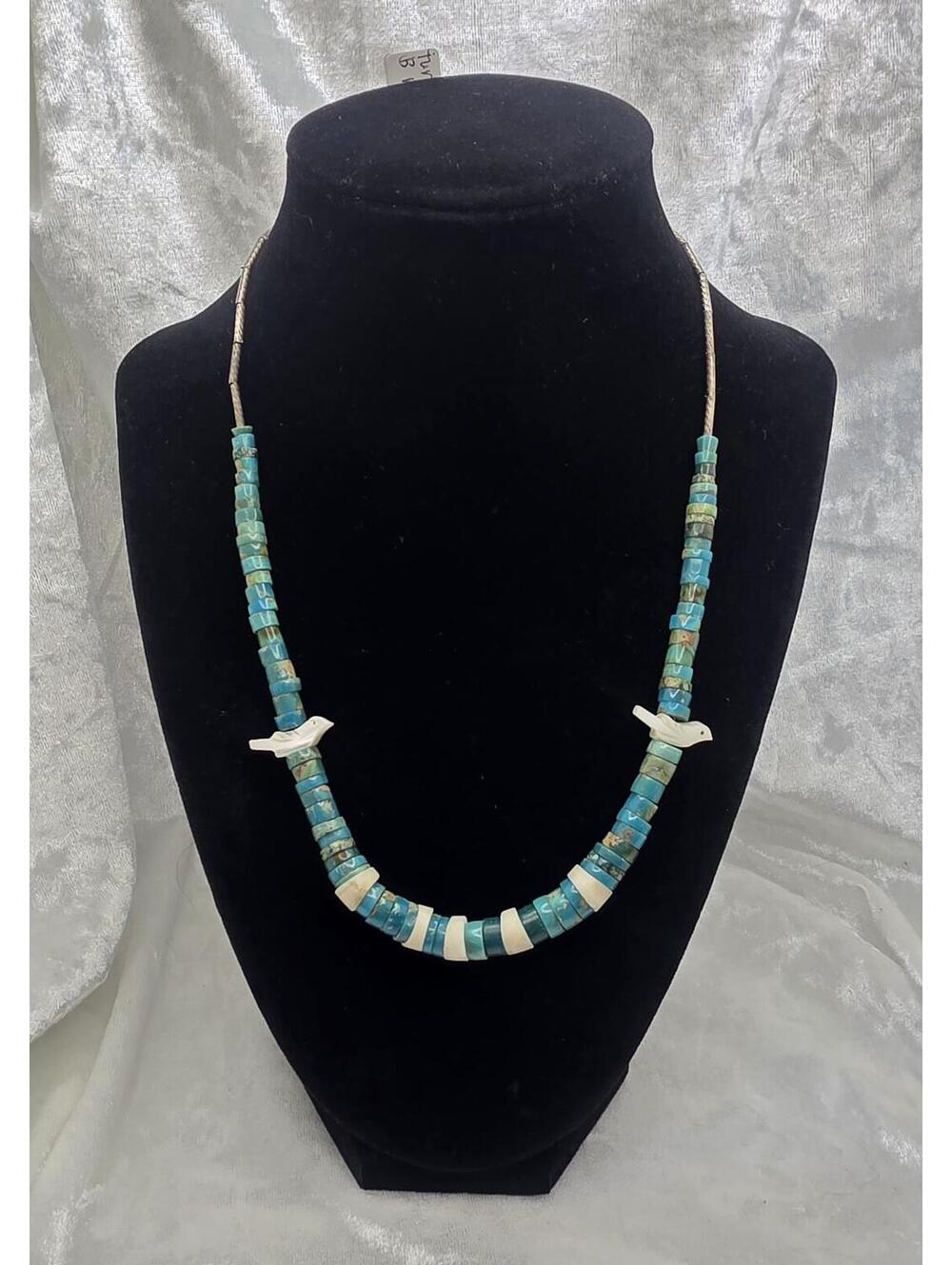 Southwestern Turquoise Heishi Bird Fetish Necklace Zuni Style Santa Fe Necklace